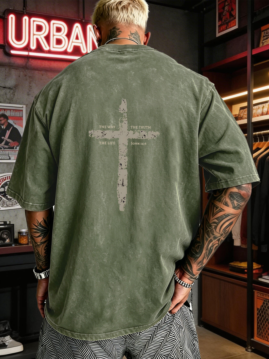 Men's Heavyweight T-Shirt Washed Distressed Fashion Print 2026 Summer New Urban High Street Hiphop Style Vintage Acid Wash Casual Gym Workout Top Pure Cotton Breathable Base Shirt - fern green