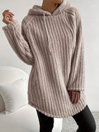 Raglan Sleeve Teddy Hoodie, Casual Curved Hem Long Sleeve Hooded Drawstring Sweatshirt For Winter & Fall, Women's Clothing - Camel
