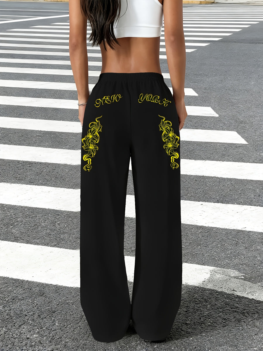 Slant Pocket Joggers Autumn Winter Trendy Brand Letter Print Pattern Straight Leg Trousers American High Street Wide Leg Pants Floor Length Trousers Ins Style Y2K - Black 2