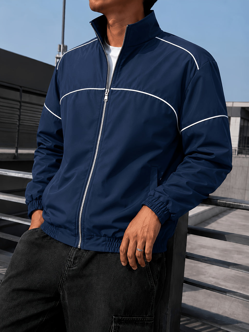 Men'S Color-Block Striped Stand-Collar Jacket, Autumn Casual Sporty Loose Long Sleeve Zipper Top, Western Street All-Match Commute Outdoor Men'S Clothing - Deep Blue