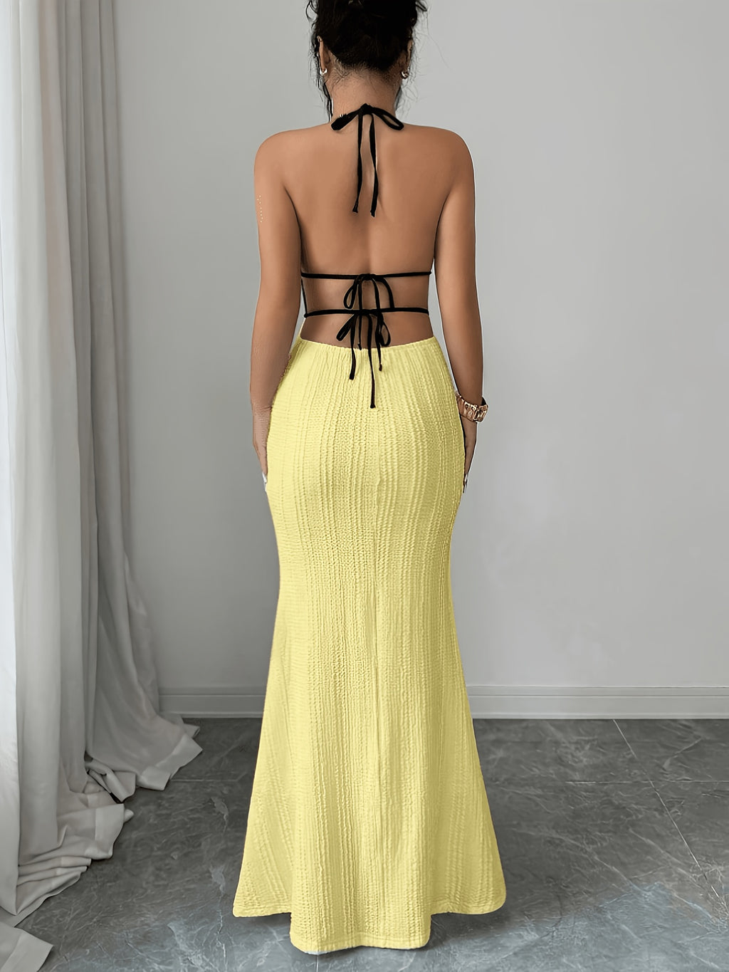 Trendy Women'S Textured Bodycon Cami Dress, Sexy Vacation/Date Night Wear, Black with Edging, Spring Summer - Yellow