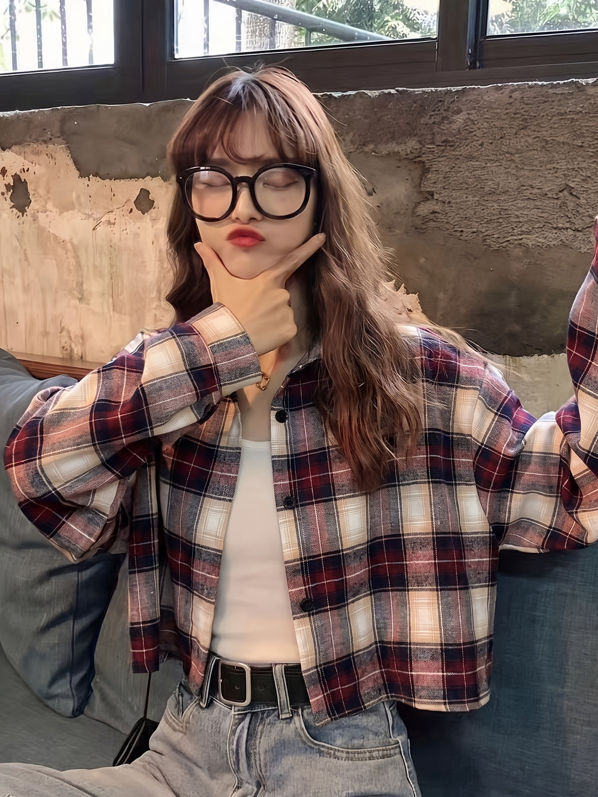 Short Sleeve Plaid Long Sleeve Casual Shirt for Women - Red- Grid