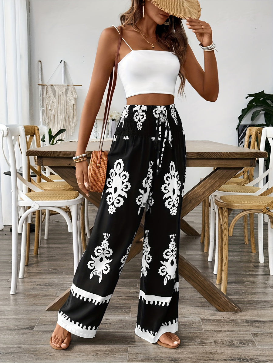 Floral Waist-Tie Fashion Casual Printed Pants, Women's Long Wide-Leg Trousers - Black