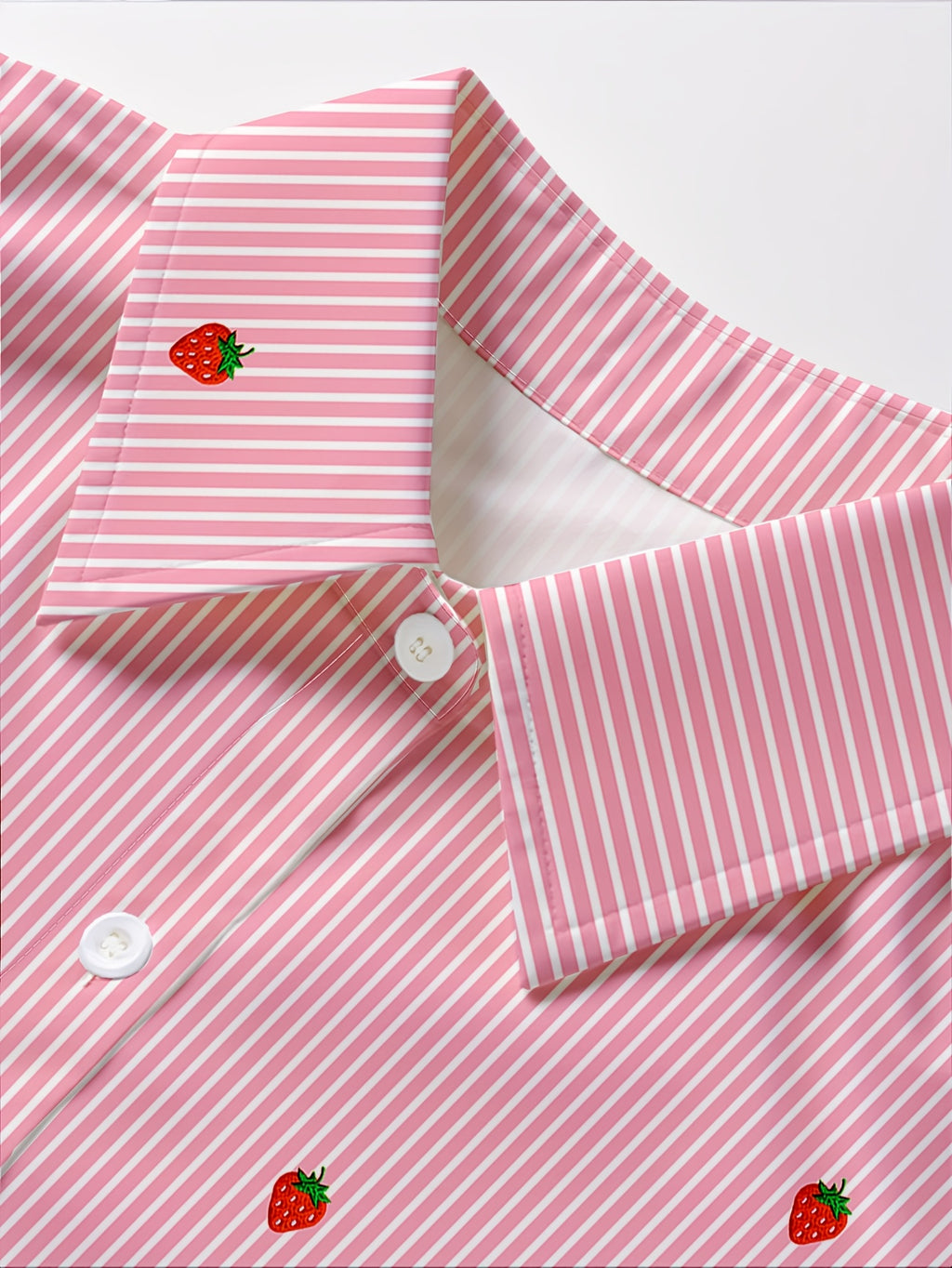 Women'S Spring Summer Striped Faux Fruit Print Shirt, Fashionable Elegant Casual Loose Long Sleeve Lapel Cardigan, Suitable for Daily Wear, Commuting, Vacation, Lightweight Comfortable Fabric - Pink Striped Strawberry