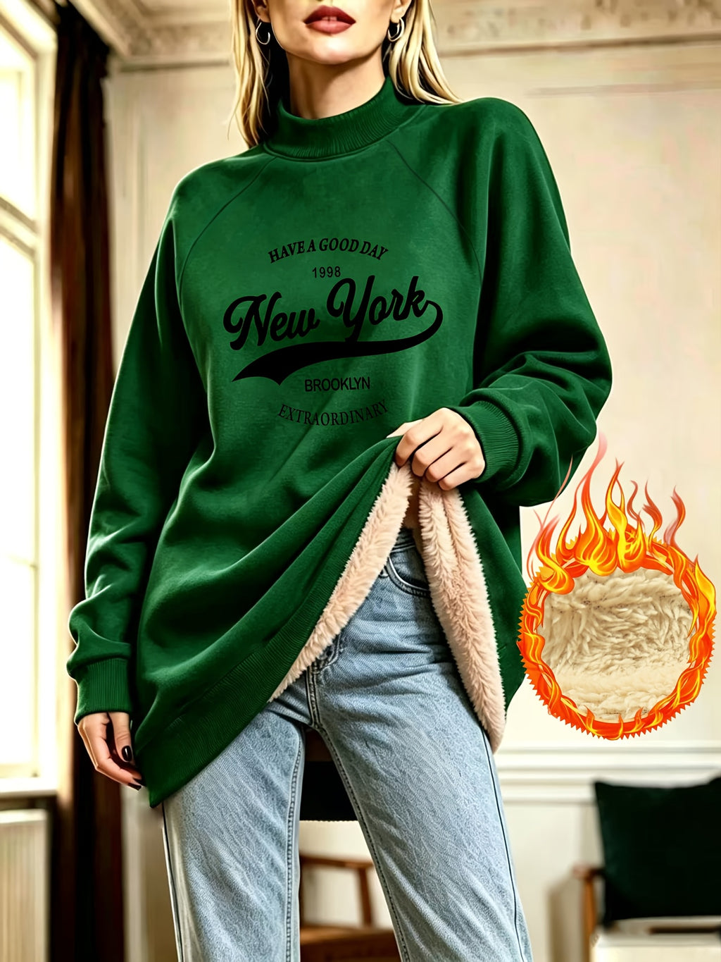 Retro New York English Letter Print Half-Neck Long Sweatshirt Women'S Fall Winter Fleece Thickened Loose Sweatshirt Dress - Green