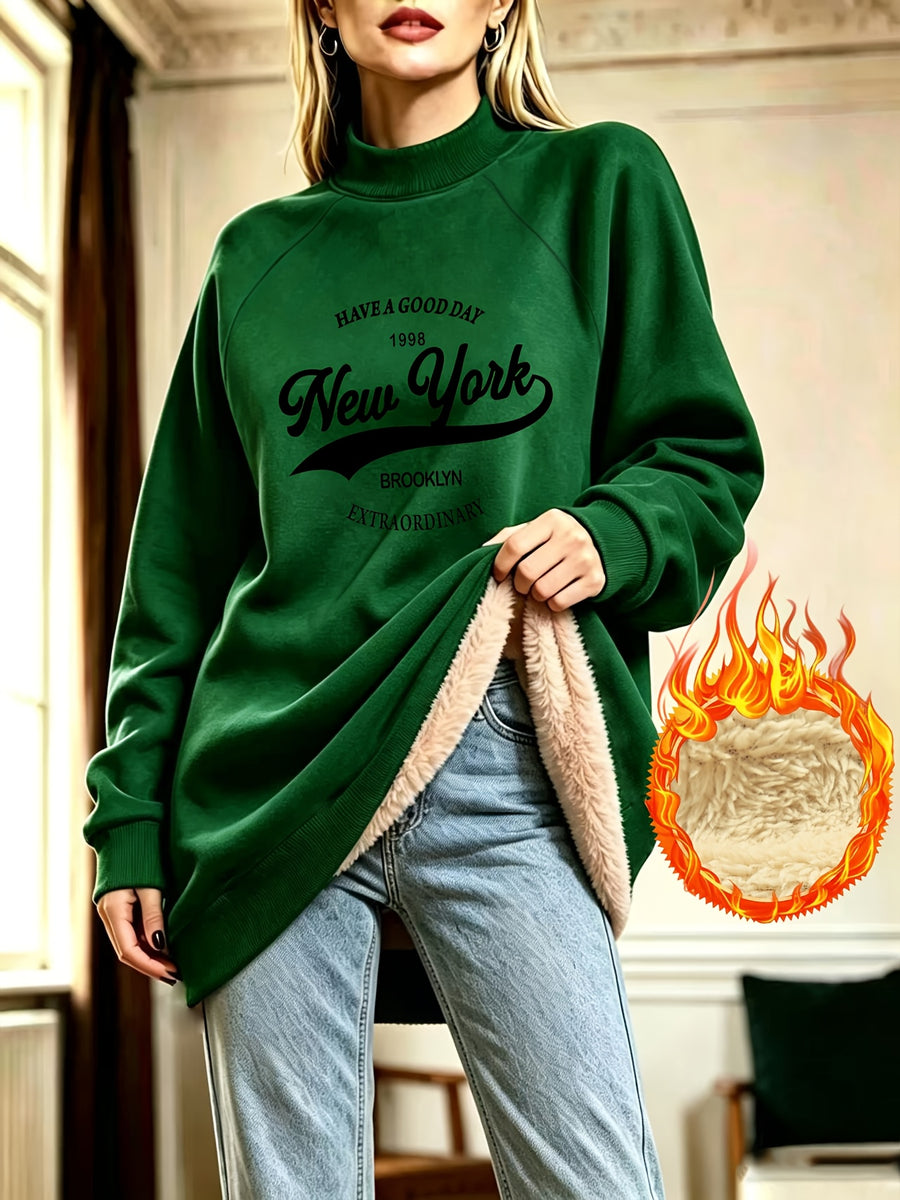 Retro New York English Letter Print Half-Neck Long Sweatshirt Women'S Fall Winter Fleece Thickened Loose Sweatshirt Dress - Green