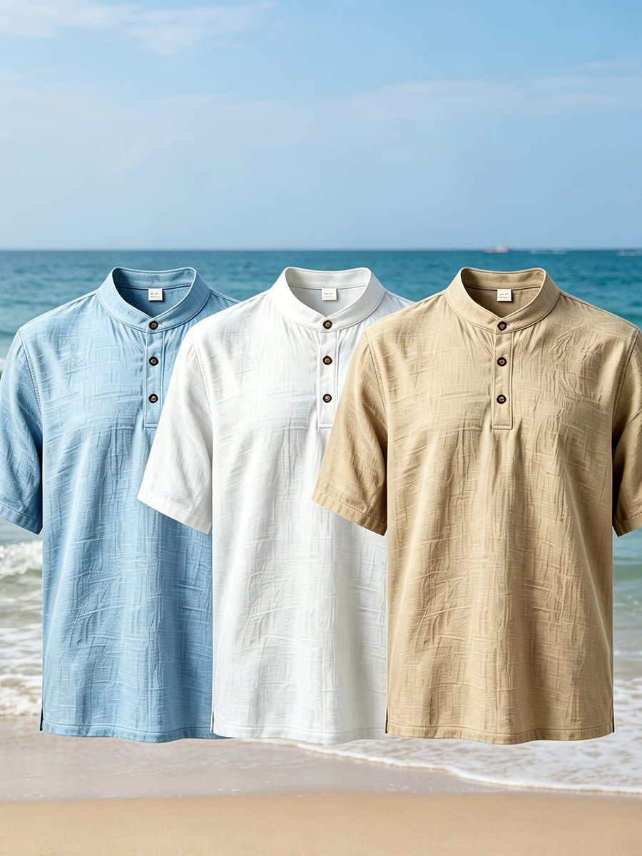 2026 New American Three-Piece Linen Stand-Up Collar Buckle Short Sleeve Summer Leisure Sports Business Home Trendy Brand Thin Breathable Versatile Henley Shirt - Blue + White + Khaki