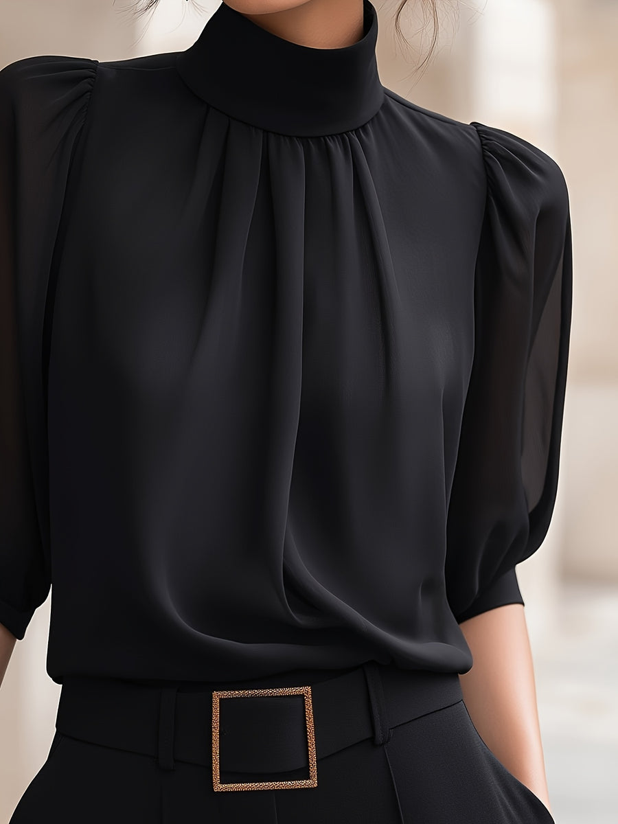 Women'S Elegant High-Neck Chiffon Puff Sleeve Blouse Summer New Arrival - Black