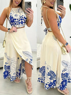 European and American Fashion Women's New Summer Watercolor Tropical Print Casual Skirt Set with Top, Halter Neck and Skirt 2pcs Set for Women, Gavin - White