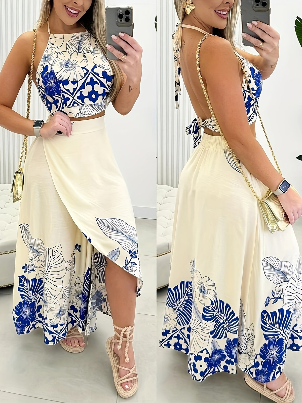 European and American Fashion Women's New Summer Watercolor Tropical Print Casual Skirt Set with Top, Halter Neck and Skirt 2pcs Set for Women, Gavin - White