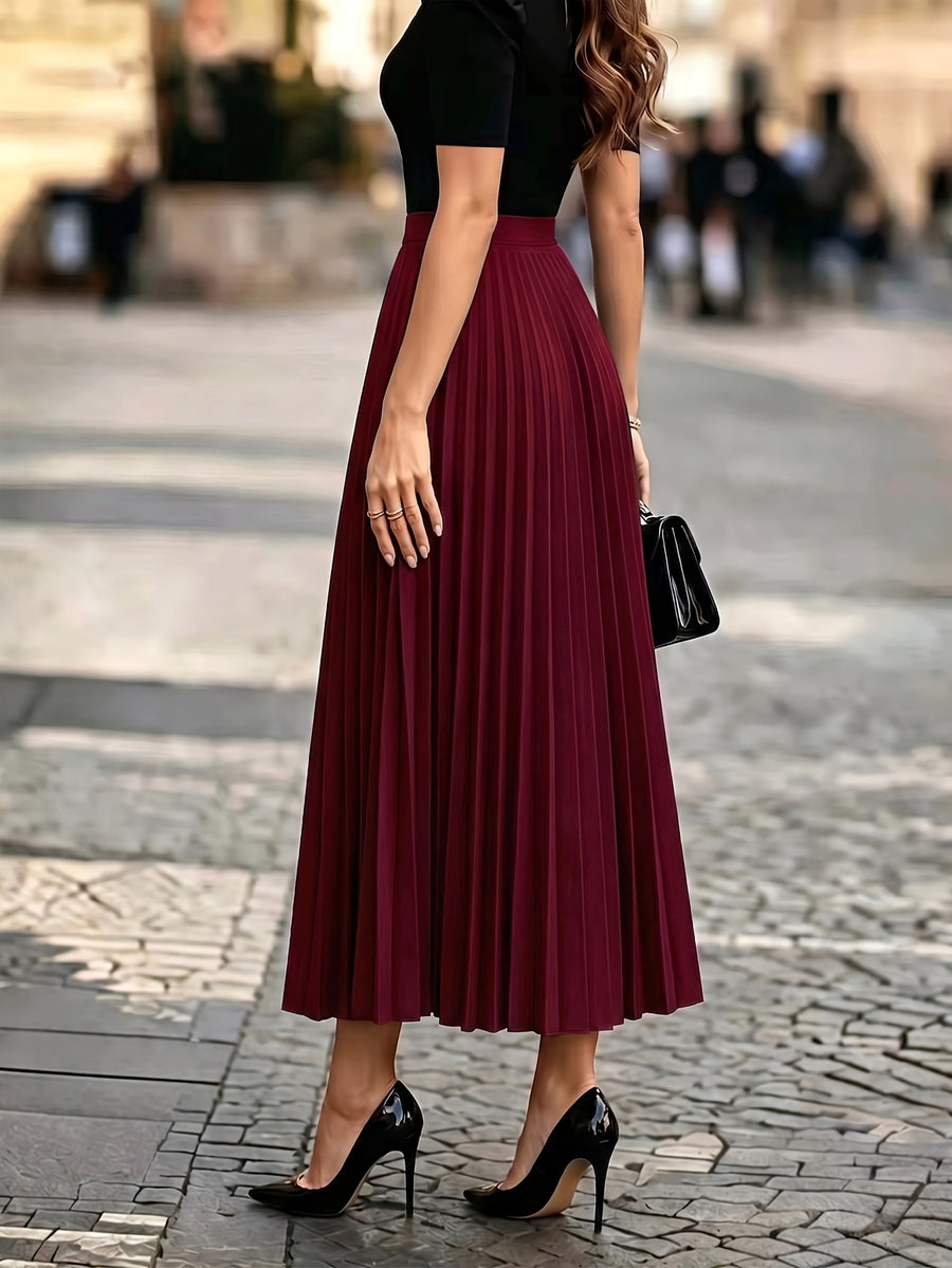 1pc Women's Skirt, Spring/autumn Solid Color Stretch Waist Sun Pleat A-line Skirt - Deep Red