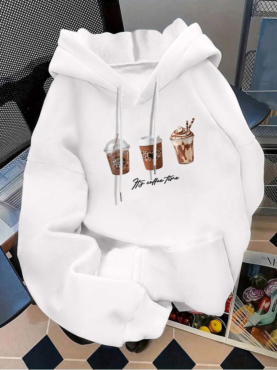 Women's Fashion Hoodie with Three Cups of Coffee H's COFFE TIME Print Kangaroo Pocket Long Sleeve Sweatshirt for Autumn and Winter, Ideal for Daily Casual Wear, Outings, and Parties - White