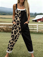 Retro-Style Sexy Overalls with Half Leopard Print And Half Black Patchwork Design, Women'S Wide-Leg Jumpsuit with Fold-Up Cuffs And Pockets, Perfect for Everyday Wear, Outings, And Workwear - Multicolor