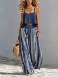 Women'S Autumn Bohemian Style Waist-Cinching Navy Blue And White Striped Wide-Leg Long Pants - Navy Color