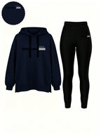 Autumn/Winter Set: Hooded Sweatshirt And Fitted Long Pants (Pattern Print Design) - Navy Blue With Black