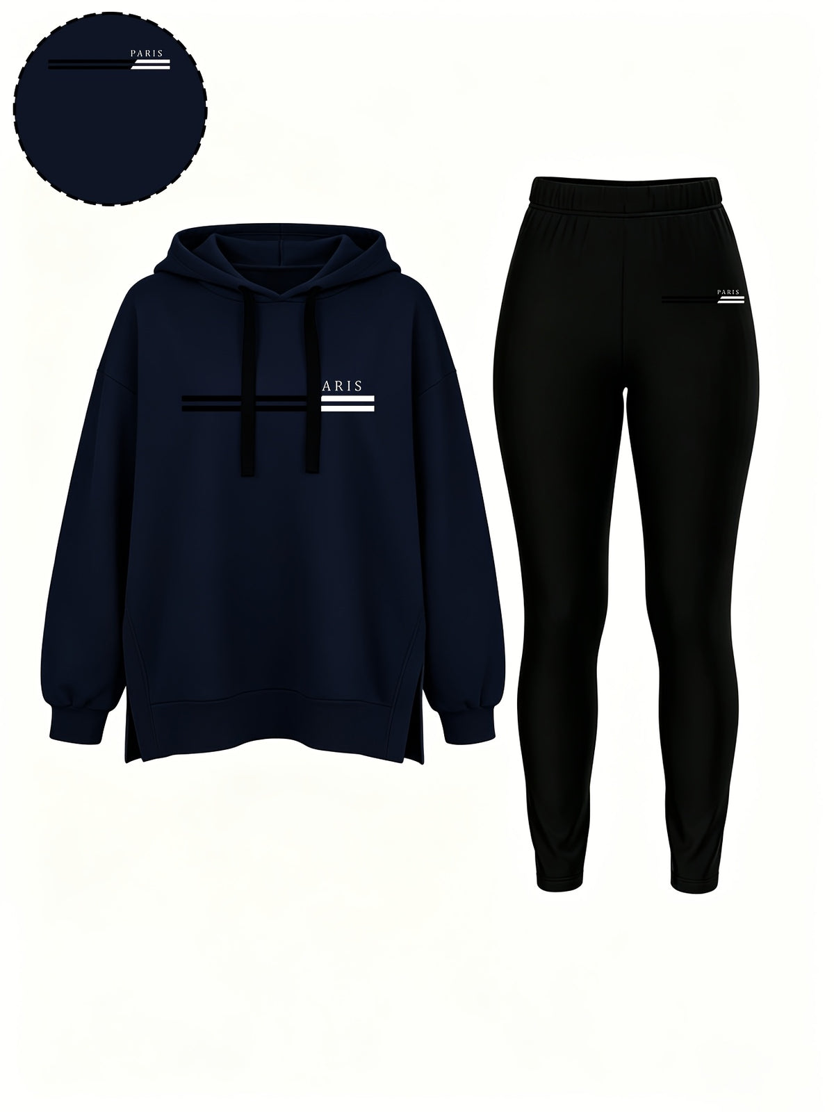 Autumn/Winter Set: Hooded Sweatshirt And Fitted Long Pants (Pattern Print Design) - Navy Blue With Black