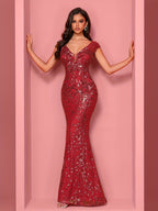Elegant Beaded Mature Sleeveless Fishtail Dress Summer Party Dinner Formal High-end Luxury Bridesmaid Dresses V-Neck Wedding Mom Dress Sexy Tank Long Skirt - Red