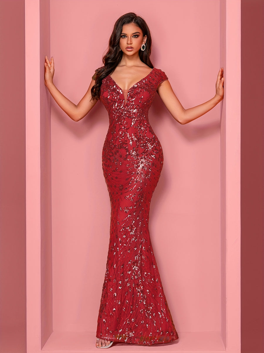 Elegant Beaded Mature Sleeveless Fishtail Dress Summer Party Dinner Formal High-end Luxury Bridesmaid Dresses V-Neck Wedding Mom Dress Sexy Tank Long Skirt - Red