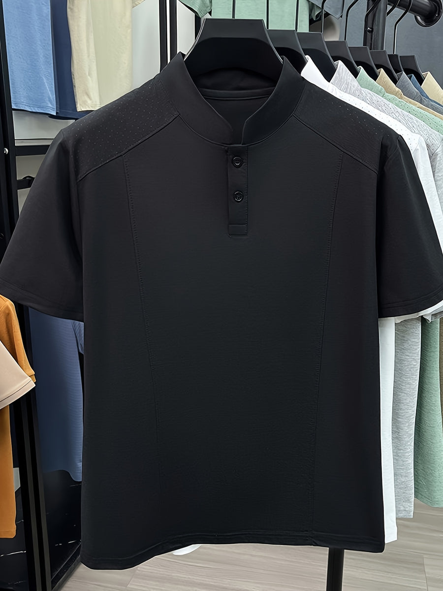 Men's Summer Short-Sleeve Stand Collar T-Shirt - Breathable Small Base Layer Shirt, Solid Color Business Casual Top Suitable for Daily Work Wear, Machine Washable & Dry Cleanable, Asymmetrical Hem - Black