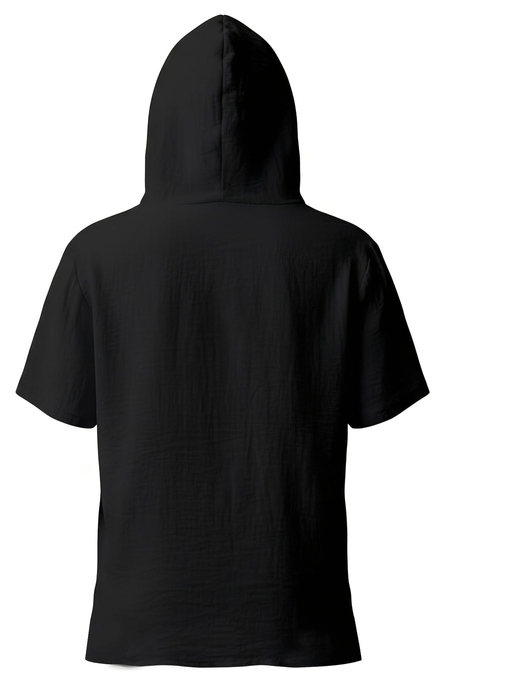 Men'S Summer Hooded Short Sleeve T-Shirt, Henley Collar Half-Open Placket Button Design, Drawstring Decor Breathable Comfortable Loose Casual Home Vacation Top, Holiday Gift - Black