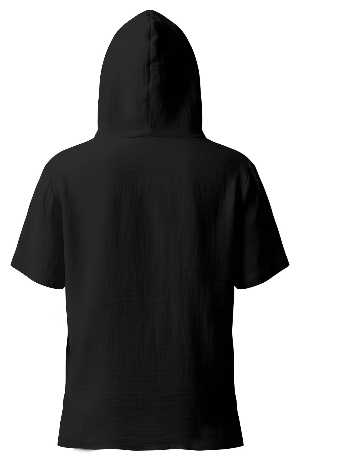 Men'S Summer Hooded Short Sleeve T-Shirt, Henley Collar Half-Open Placket Button Design, Drawstring Decor Breathable Comfortable Loose Casual Home Vacation Top, Holiday Gift - Black