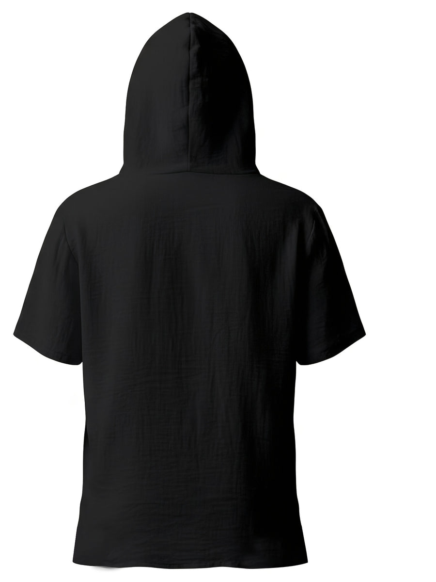 Men'S Summer Hooded Short Sleeve T-Shirt, Henley Collar Half-Open Placket Button Design, Drawstring Decor Breathable Comfortable Loose Casual Home Vacation Top, Holiday Gift - Black