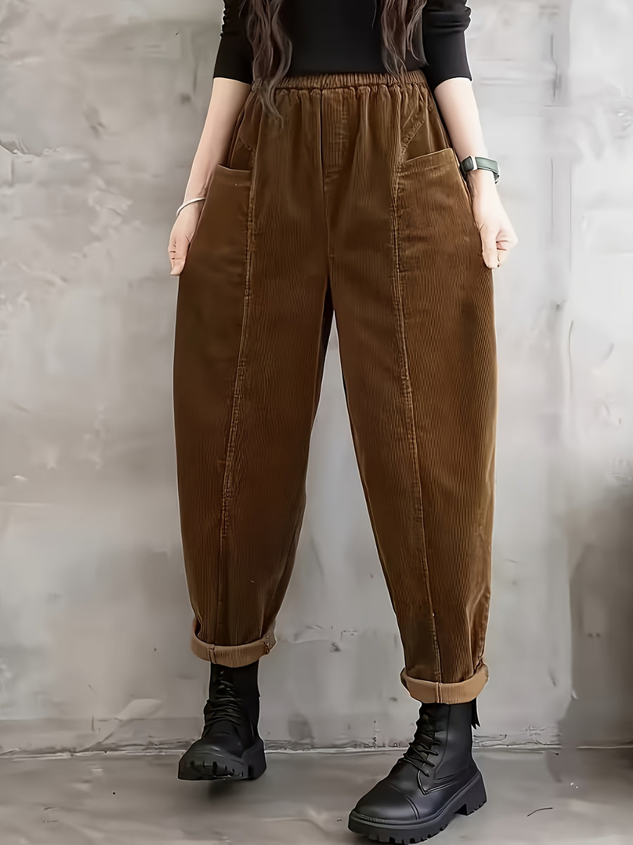Plus Size - Plus Size - Women'S Elegant Wide-Leg Corduroy Harem Pants - Tapered Design with Pockets, All-Season Corduroy Trousers, Suitable for Casual And Formal Occasions - Coffee Color