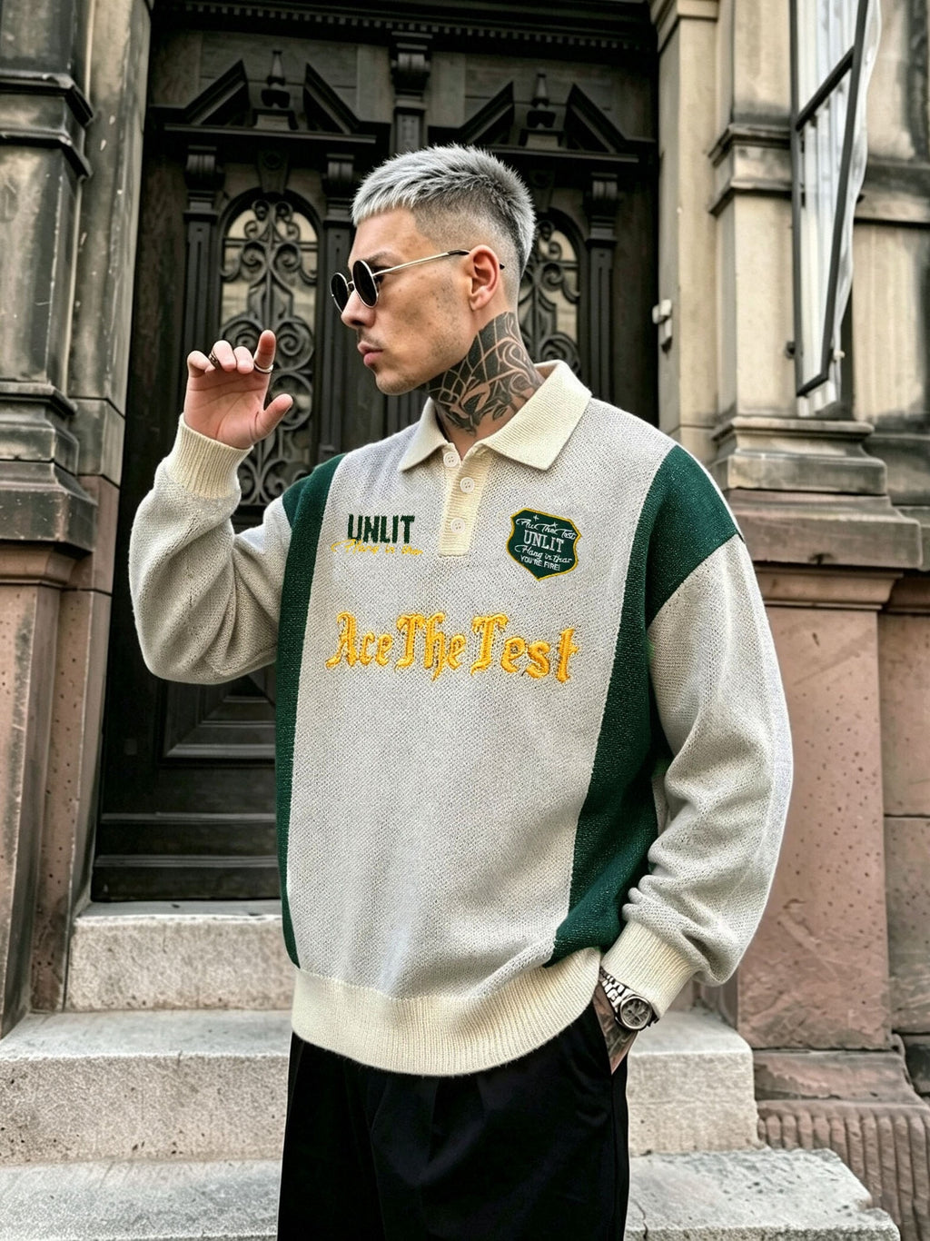 Men's Green & White Contrast Button-Up Lapel Polo Sweater - Textured Knit Loose Fit Sweater Suitable for Commuting, Parties, Casual Streetwear | Hand Washable Fall Winter Warmth, Collegiate Style Button Collar Top - Light Grey