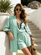 Linen Fabric, Not Pure Linen, New Summer Women's Set, Bohemian Style Linen 3pcs Set: V-Neck Fringe Embroidered Vest + Casual Shorts + Breathable Cardigan Set, Loose Fit Beach Vacation Casual Set, Elegant Commuter 3pcs Set - Green