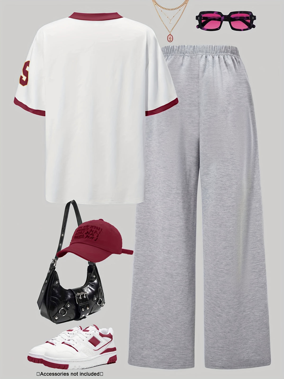 Plus Size Letter + Number 79 Print Short Sleeve Pants Set | Casual Sporty Loose V-Neck Short Sleeve Wide-Leg Pants Set | Summer Autumn Outing Fashion Spliced Collar Contrast Color Short Sleeve Pants Set - White Grey
