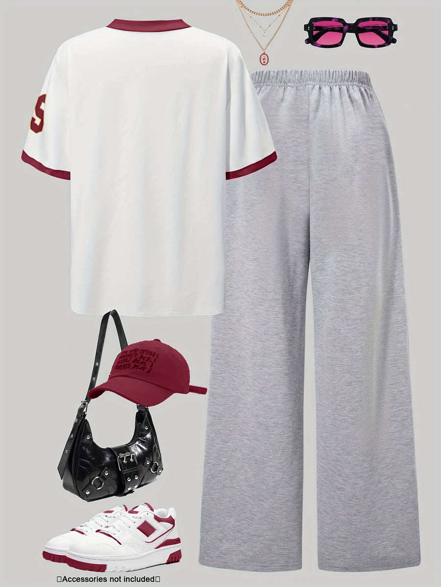 Plus Size Letter + Number 79 Print Short Sleeve Pants Set | Casual Sporty Loose V-Neck Short Sleeve Wide-Leg Pants Set | Summer Autumn Outing Fashion Spliced Collar Contrast Color Short Sleeve Pants Set - White Grey