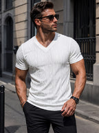 Western Style Men'S Solid V-Neck Short Sleeve T-Shirt, 3D Cable Knit Jacquard Fabric Slim Fit Trendy Men'S Tee - White