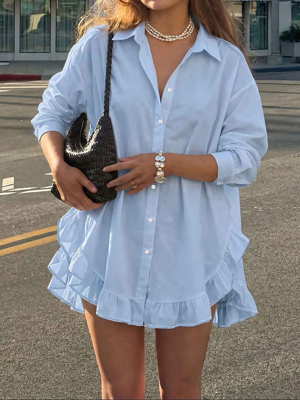 Casual Solid-color Ruffle-trimmed Top, Spring/summer Style - Sky Blue