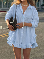 Casual Solid-color Ruffle-trimmed Top, Spring/summer Style - Sky Blue