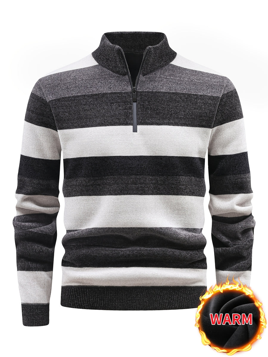 Men'S Autumn Winter Casual Versatile Pullover Sweater Contrast Fashion Fleece-Lined Top Quarter Zip Stand Collar Knit Sweater New Warm Commute Sweater Old Money Vacation Style Men'S Gift - Grey