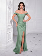New Arrival Evening Gown: High-End Off-the-Shoulder Boned Bodycon Dress, Light Luxury Temperament Banquet Gown, High Slit Maxi Dress, Solid Color Waist-Cinching Evening Dress - Green