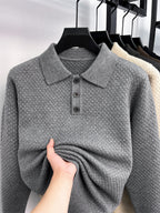 Men's Solid Color Lapel Polo Sweater - Thick Warm Knit Pullover with Lapel Collar, Long Sleeve Winter Sweater Suitable for Fall/Winter, Casual Office Wear, Basic Knitwear for Layering (Hand Washable) - Light Grey