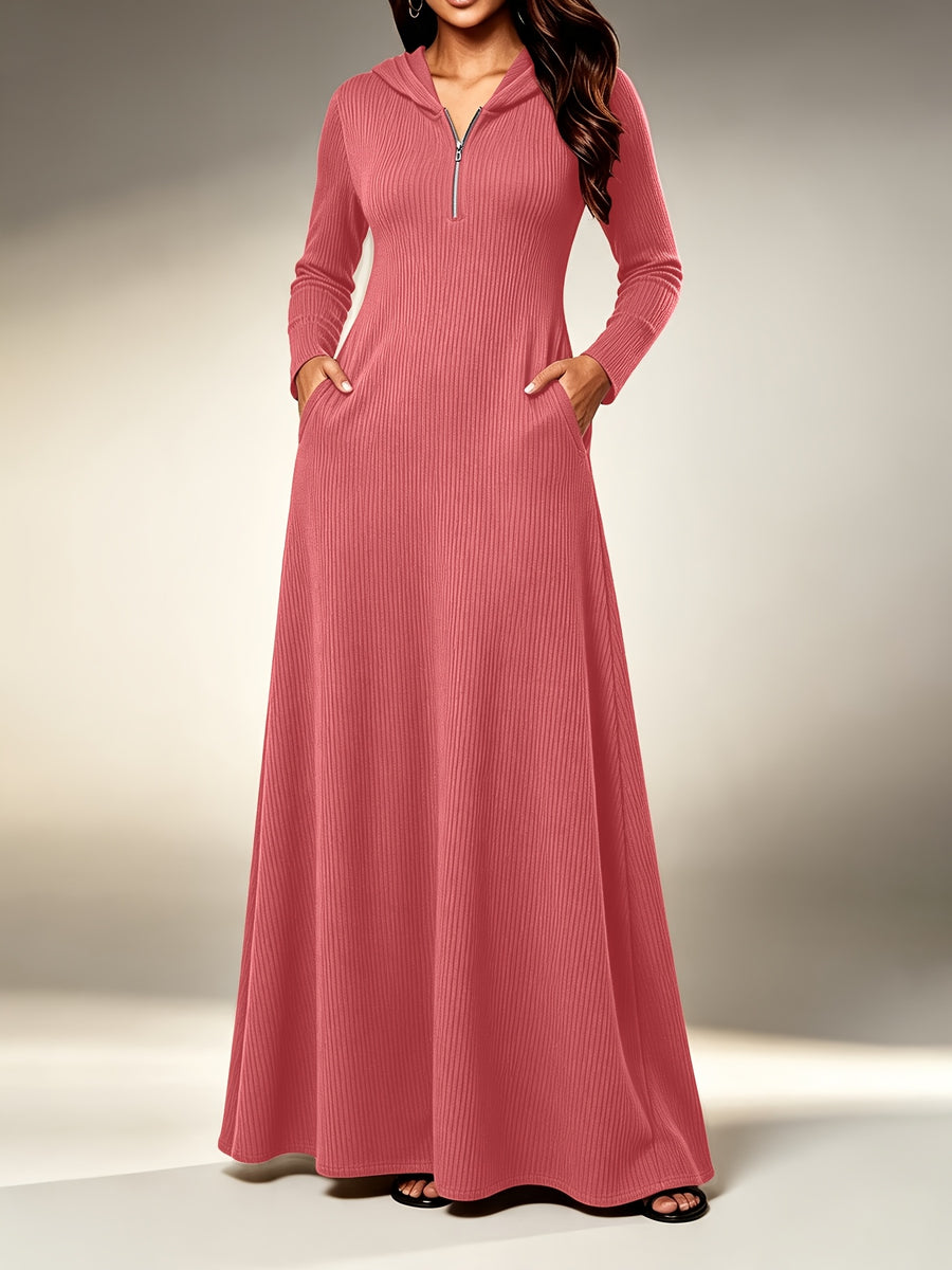 Plus Size - Western Plus Size Women'S Ribbed Hooded Long Dress, Half-Open Zipper Long Sleeve Fitted Flared Casual Floor-Length Skirt - Watermelon Red