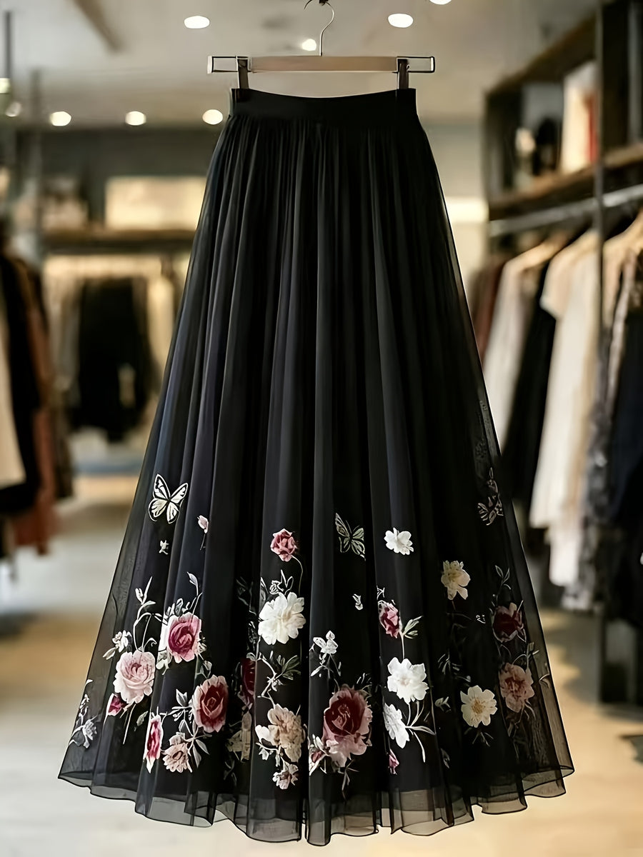 Spring and Autumn Women's Elegant Printed Midi A-Line Chiffon Skirt, Vacation Wear, Party Banquet Wear, Birthday Wear, Wedding Guest Wear, Easter Wear, Carnival Wear, Christmas Wear, Valentine's Day Wear, Holiday Wear, Suitable for Street Outings - Black
