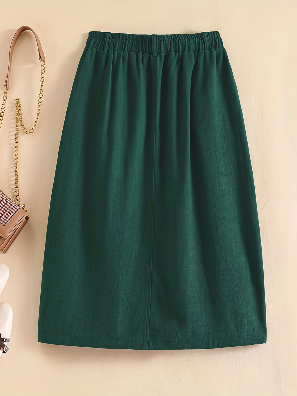 Spring/Summer/Autumn Lightweight Korean-Style Vintage Linen Loose Skirt with Elastic Waistband and Pockets, Mid-Length Women's Skirt - Dark Green