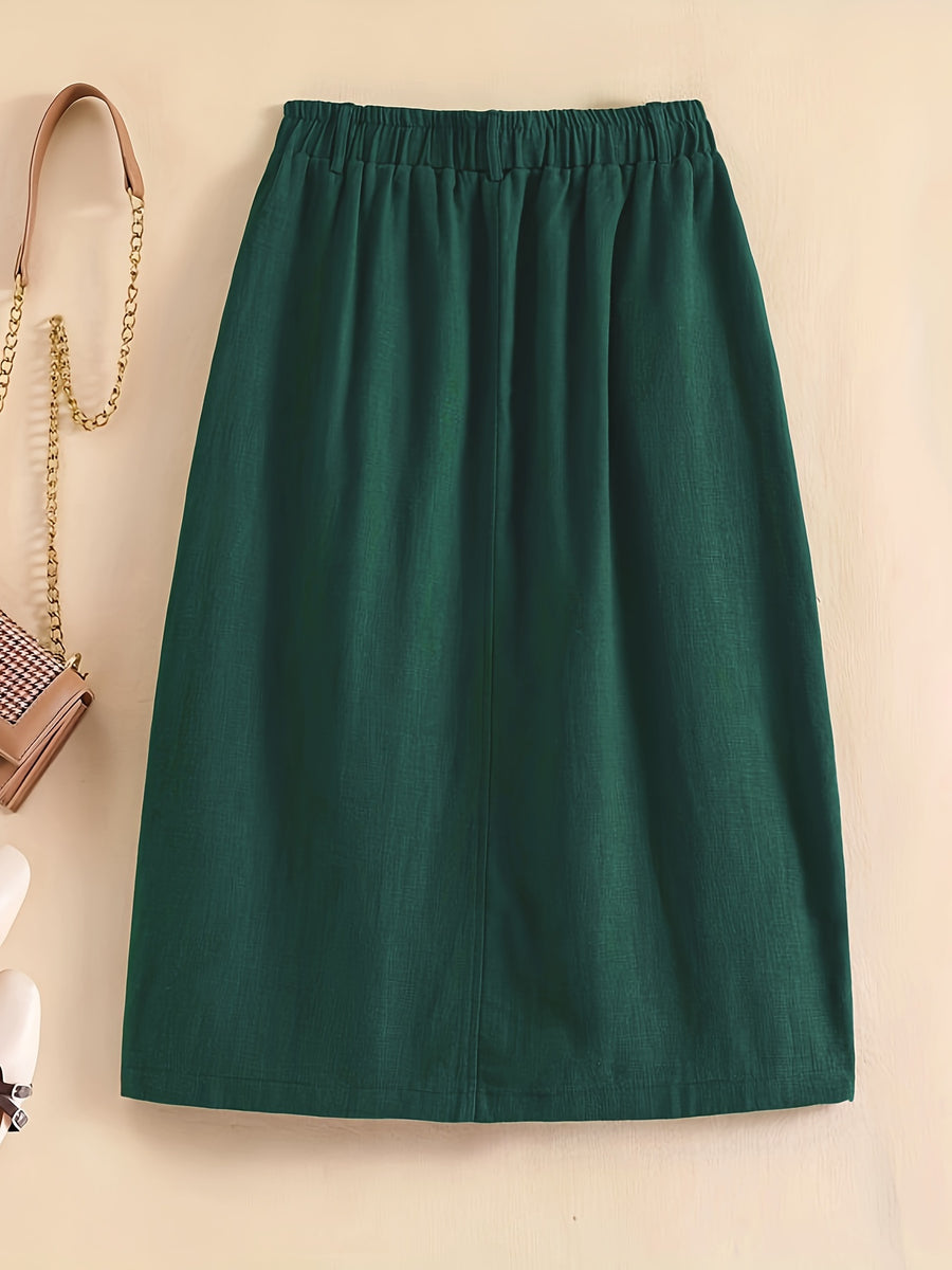 Spring/Summer/Autumn Lightweight Korean-Style Vintage Linen Loose Skirt with Elastic Waistband and Pockets, Mid-Length Women's Skirt - Dark Green
