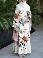 Women's Middle Eastern Style Muslim Elegant Robe, White Dress with Orange Floral Branch Botanical Print, Long Loose Fit Dress with Wide Sleeves and Full Skirt, for Daily Social and Prayer Wear, Skin-Friendly and Breathable Non-Embroidered Craft - Mixed colors