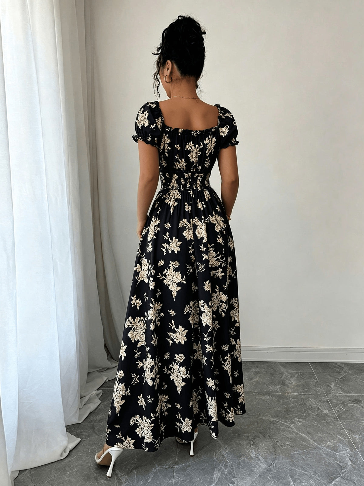V-neck Ruffle Design, Floral Print Fabric, Elastic Waist Slim-Fit Short Sleeve Women's Dress, Elegant Party Wear, Date Night - Black Mixed Color