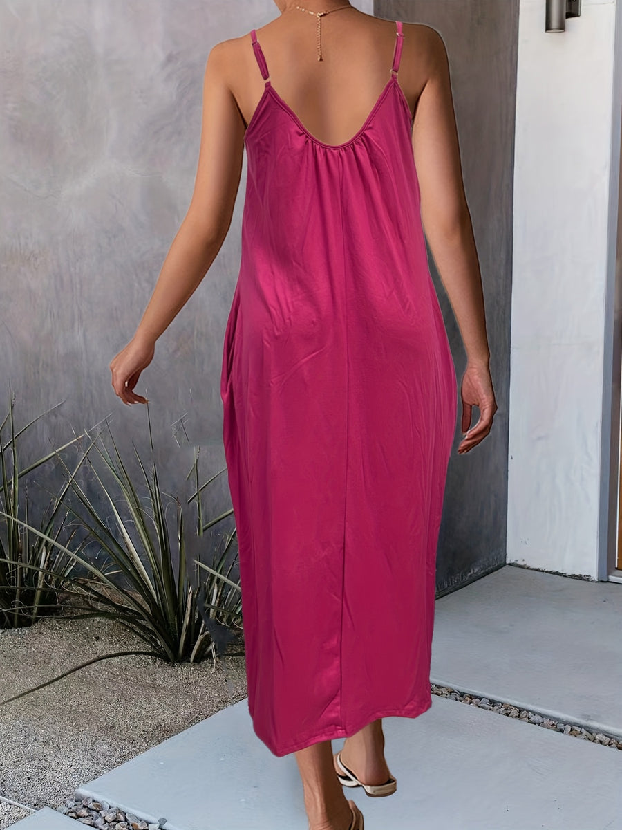 Solid Pockets Loose Spaghetti Dress, Versatile Maxi Cami Dress For Summer, Women's Clothing - Rose Red