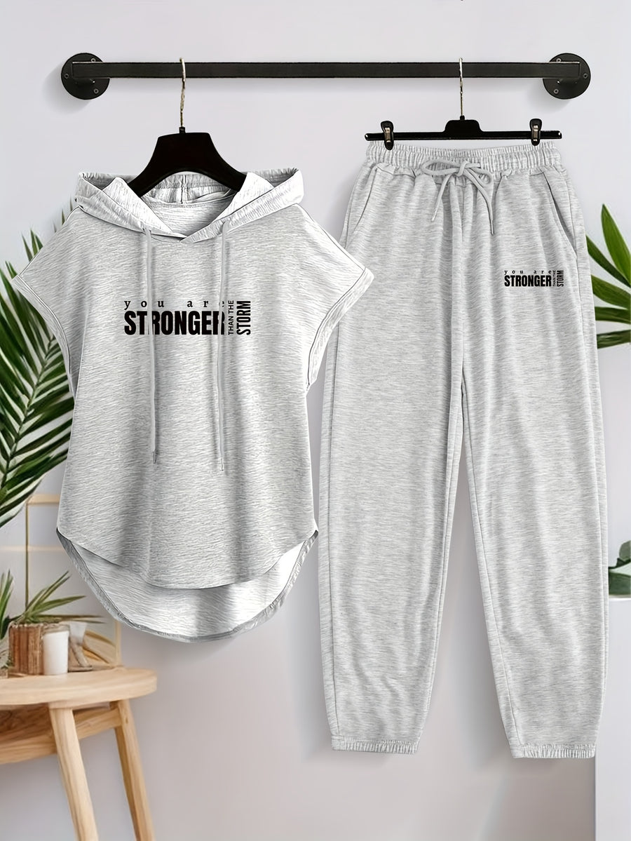 Women'S Casual Comfortable Sleeveless Hoodie And Long Pants Set X5038 - Light Gray