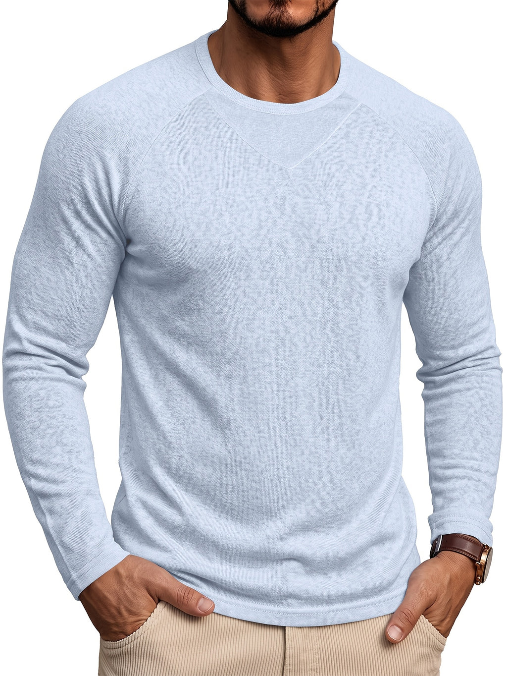 Cross-Border Men's Long-Sleeve Cotton-Linen Crew Neck T-Shirt, European and American Men's Autumn/Winter Pullover Base Layer Top - Light Blue