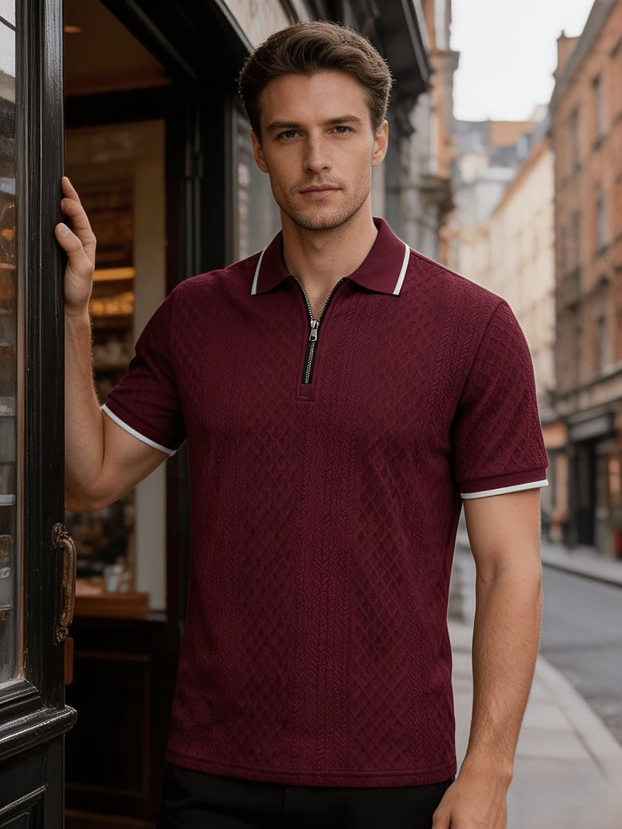 Men'S Quarter-Zip Knit Polo Shirt, Textured Diamond Jacquard Short Sleeve Top, Summer Golf Casual Office Street Wear - Burgundy