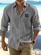 Men'S Breathable Linen Long Sleeve Shirt, Minimalist Geometric Print Collared Shirt, Summer Outdoor Vacation Lightweight Top - Grey