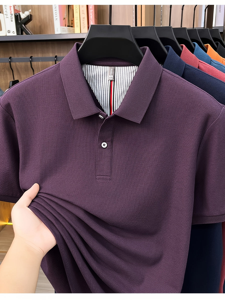 Men's Multi-Color Summer Pearl-Spun Mesh Long-Sleeve Polo Shirt with Contrast Lining and Lapel, Solid Color Simple Design, Skin-Friendly and Breathable, for Business Commuting, Daily Outings, Fishing Leisure, Mid-Life Men's Top - Fuchsia