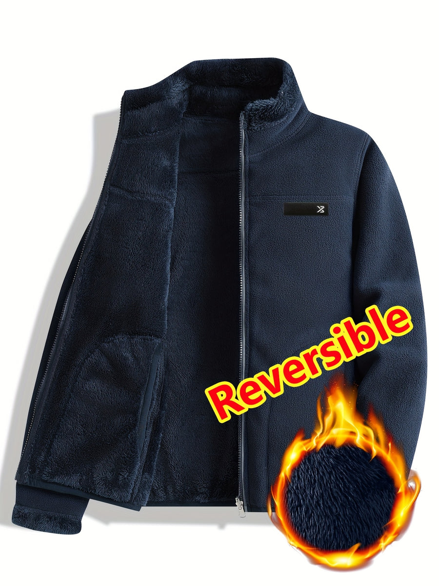 Women's Spring Casual Jacket, Thickened Shaggy Warm Printed Reversible Coral Sweatshirt, Double-Sided Outerwear - Royal Blue